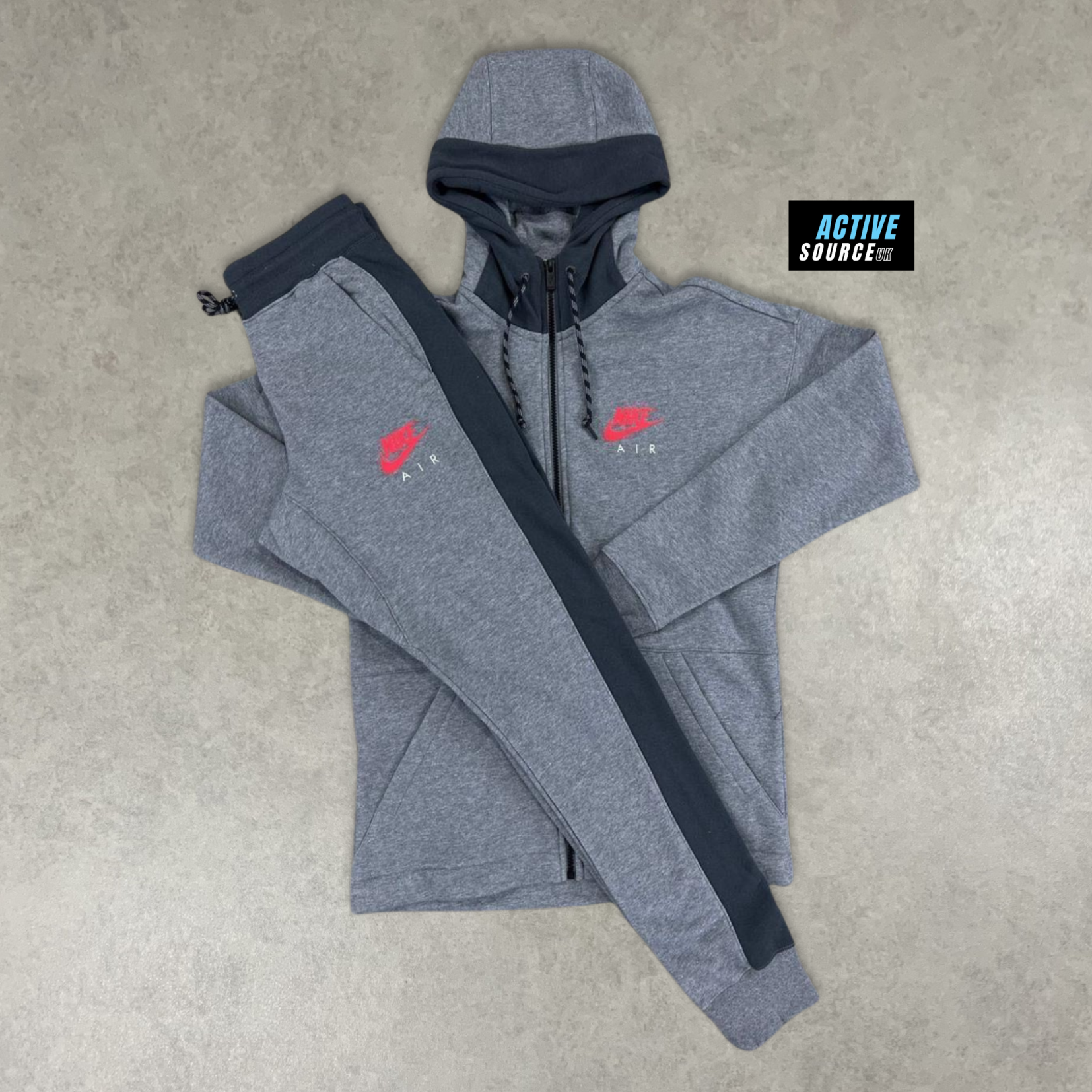 Nike Air Brushed Fleece Zip Up Hoodie Tracksuit "Grey/Anthracite/University Red"